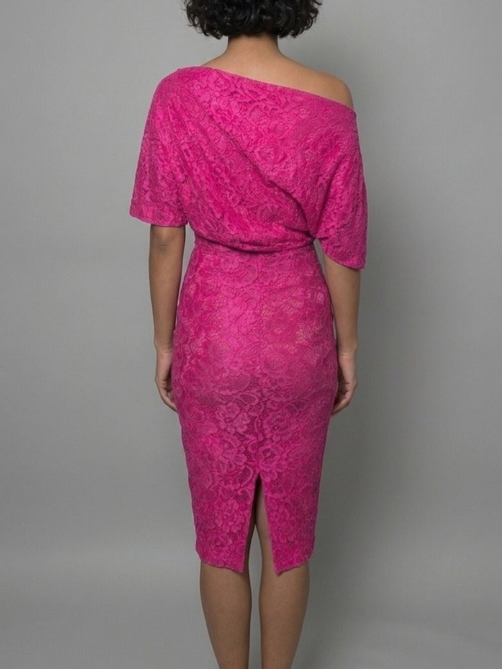 Alexia Admor Tayla Draped Off-Shoulder Asymmetrical Lace Midi Dress Pink Xs Euc — image 2 of 8